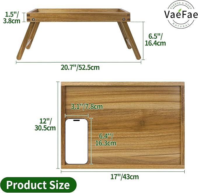 VaeFae Acacia Bed Table, Wooden Breakfast Bed Tray with Folding Legs | Bed Trays for Eating and Laptop, Eating Trays for Bedroom, Sofa