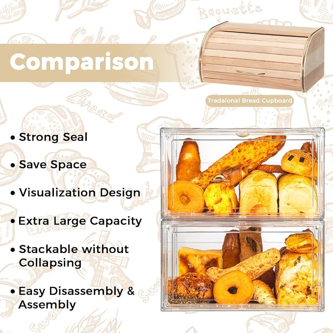 2pcs Large Bread Box Kitchen Countertop upgraded - Large Capacity Transparent Bread Rack Storage Box， 20 Sheets of Greaseproof paper-Stackable Double-Layer Bread Pantry Storage Container