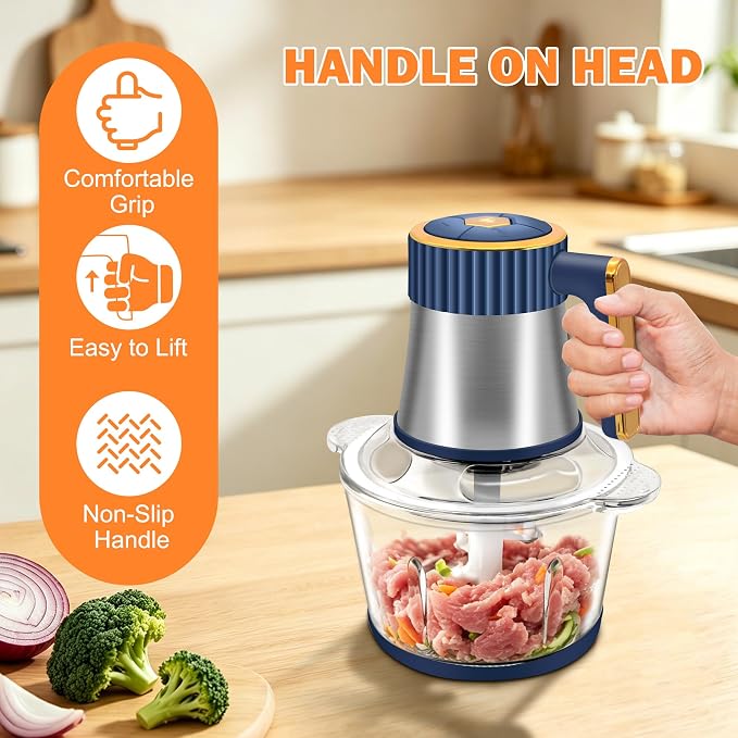 Food Processor, 5 Speed Meat Grinder with 2 Bowls(8 Cup+8 Cup), Blue | 4 Bi-Level Blades Electric Food Chopper, Mini Kitchen Cutter for Vegetable Onion Garlic Meat