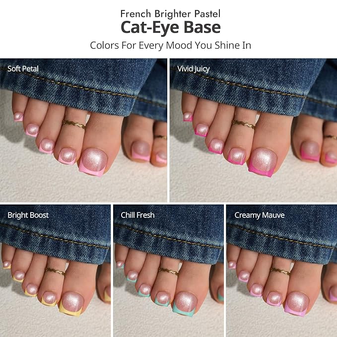 BTArtboxnails XCOATTIPS Pastel French Press On Toenails, S-L Square Cat Eye | Lamp-Curable 4-Week Wear, Salon Quality Value at Home, Natural Nail Look, Easy-to-Apply for Beginners, 150ct Nail Tips Only