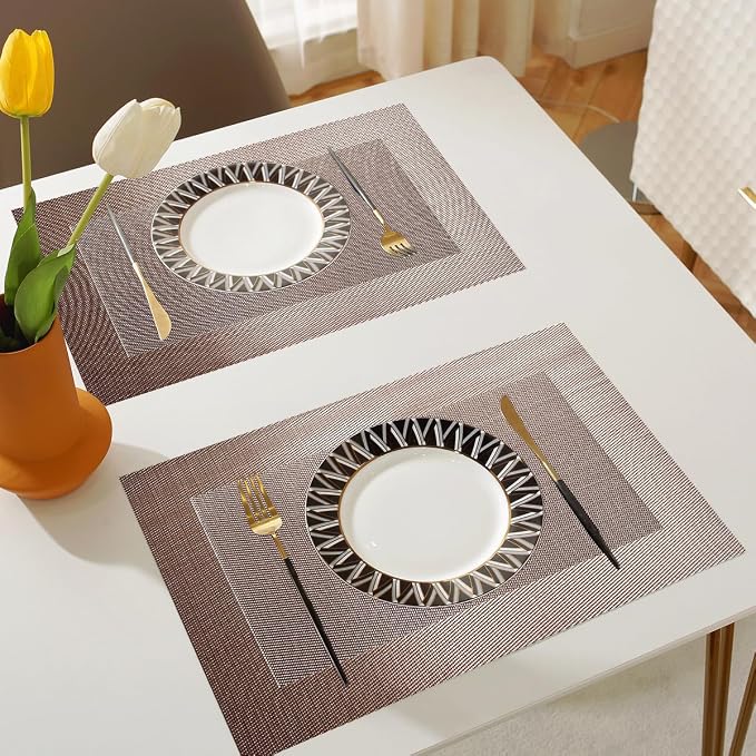 Vinyl Placemats Heat-Resistant Table Mats Washable Easy Clean Plastic Placemat for Kitchen Dining Table Set of 8 Indoor Outdoor (Champagne)