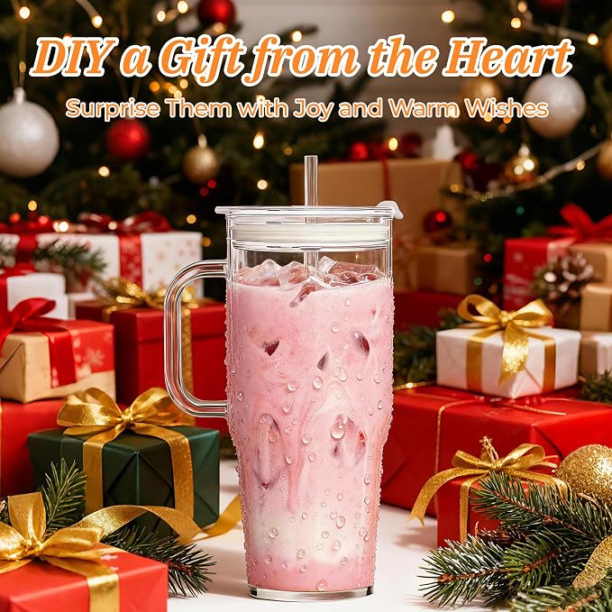 Birity 2Pack 40OZ Glass Tumbler with Handle,Glass Cup with Lid and Straw,Reusable Glass Iced Coffee Cup for Beer, Smoothies, Juice,Hot/Cold Drinks-Suitable for Birthday,Wedding