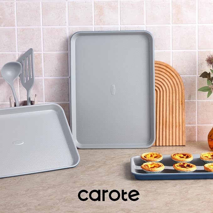 CAROTE 3-Piece Baking Sheet, Nonstick Cookie Sheets, Blue & Grey | 13, 15 & 17-Inch, Carbon Steel Baking Pans Set, Easy-Release, Oven Safe Up to 446°F, Even Heating, PFAS-Free, Space-Saving