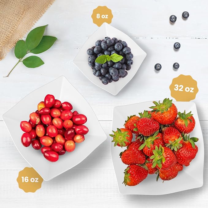 R-kay 6 Pack Square Plastic Serving Bowls - White Plastic bowls 16 Oz - Premium White Bowls Disposable Heavy Duty For Weddings Catering And Birthday parties
