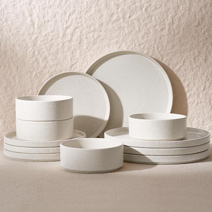 Famiware Nebula 12-Piece Dinnerware Set, Matte Beige White | Stoneware Plates and Bowls, Handmade Reactive Glaze, Microwave & Dishwasher Safe, Chip & Scratch Resistant