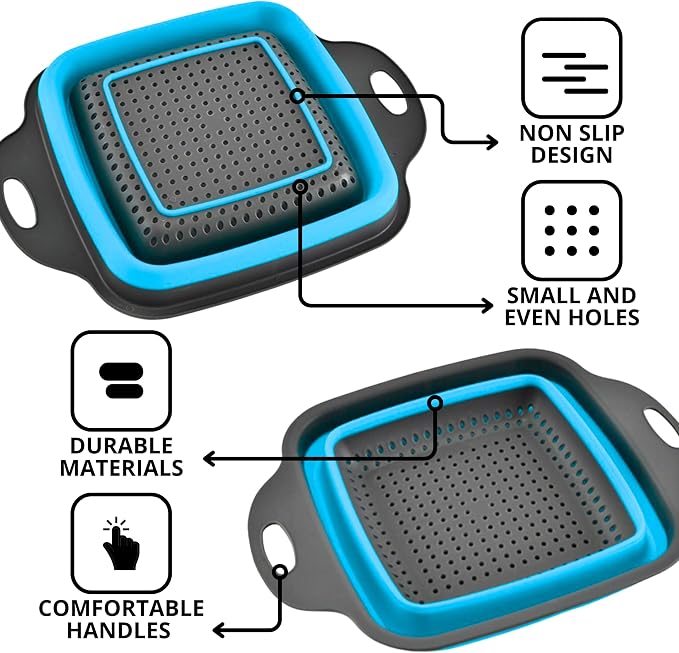 Square Collapsible Colander with Handles – Blue Square Silicone Kitchen Strainers with Plastic Handles Foldable Kitchen Strainer Perfect for Draining Pasta Vegetable and Fruit Blue