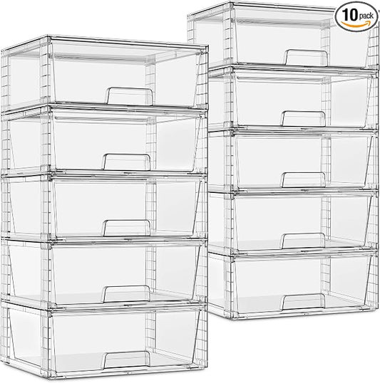 Sorbus Stackable Clear Storage Drawers, Pull-Out Organizer Bins – Large Plastic Drawer Organizers for Bathroom, Under Sink, Closet, Pantry & Kitchen Organization (10 Pack)