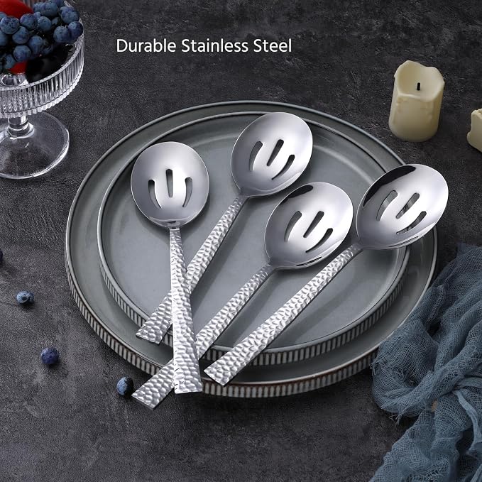 E-far Hammered Slotted Serving Spoons, 4-Piece Stainless Steel Tablespoons Hostess Serving Utensils Set for Catering Buffet Party Wedding Kitchen Restaurant, Dishwasher Safe