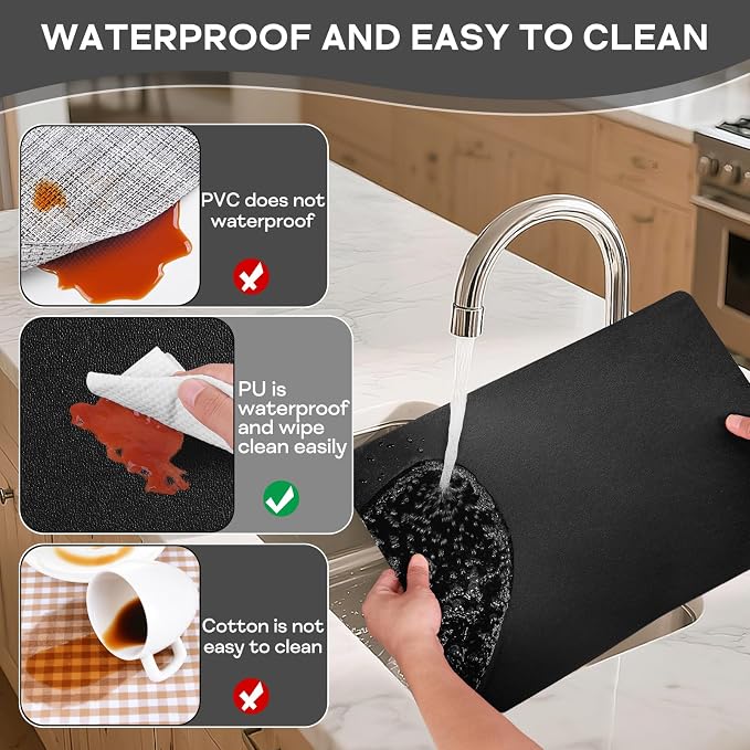Faux Leather Placemats Set of 6 Waterproof Table Mats with Coaster | 17×12 In Heat Resistant Place Mats Set of 6 Wipebale & Washable Table Placemats for Kitchen Dining Indoor & Outdoor Black