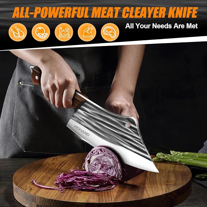 Butcher Knife Set, Hand Forged Kitchen Chef Knife Set with Roll Bag | High Carbon Steel 14PCS Meat Cleaver Knife, Bone Chopper Knives, Fillet Knives for Kitchen, Camping Outdoor BBQ, Gift for Men