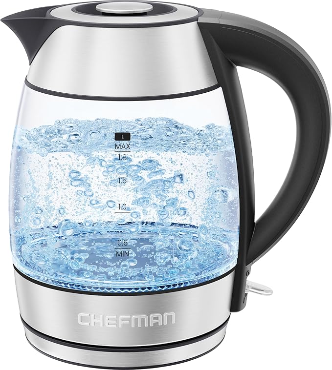 Chefman Electric Kettle 1500W, 1.8L Hot Water Boiler, Removable Lid for Easy Cleaning, LED Indicators, Auto Shutoff & Boil-Dry Protection, Borosilicate Glass Electric Tea Kettle – Stainless Steel