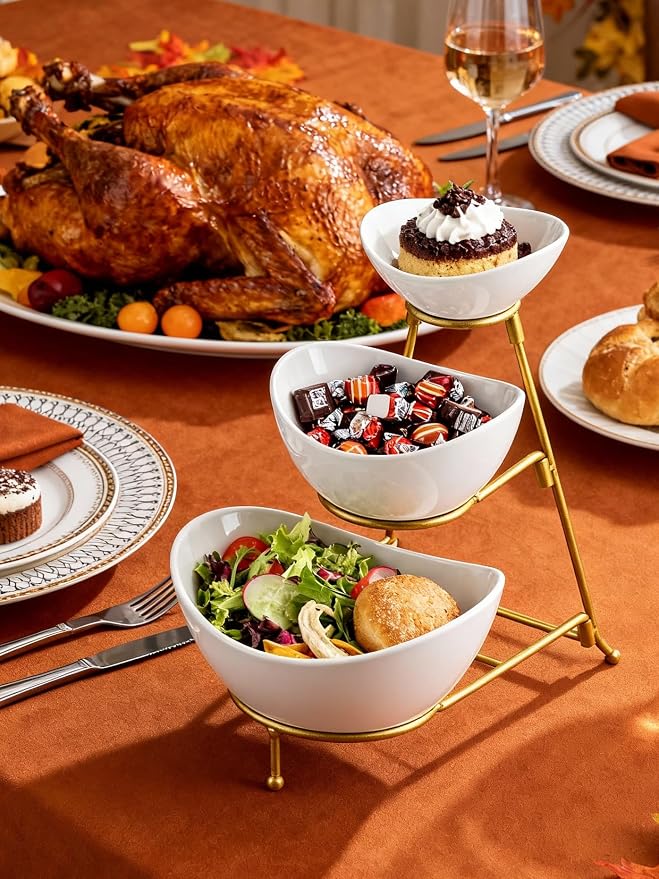 Miamolo 3 Tier Serving Bowls with Stand for Entertaining Party | Chips and Dip Serving Dishes Hosting Essentials | Ceramic Fruit Bowl for Salad Soup Snacks | Microwave & Dishwasher Safe