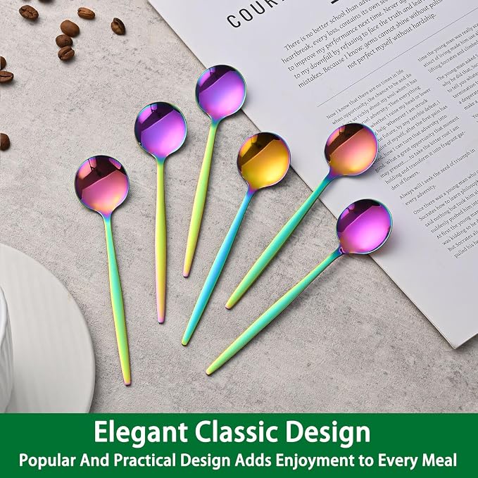 5.1 Inch Coffee & Tea Spoons Set,6 Pieces Rainbow Stainless Steel Espresso Spoon,Colorful Cute Small Spoons For Dessert Coffee