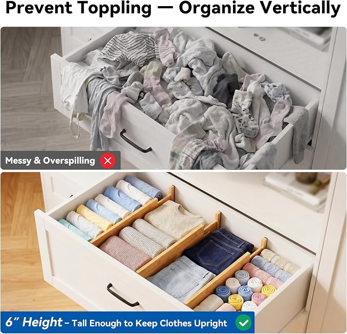 4 Pack 6" Deep Bamboo Drawer Dividers, 17-22" Expandable Kitchen Organizers | Adjustable Spring-Loaded Tension Separators with Foam Pad for Clothes, Utensils, Kitchen, Dresser, Nursery & Bathroom