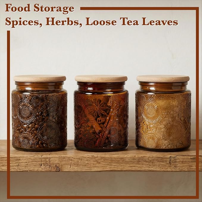 8 oz Decorative Small Glass Jars with Airtight Bamboo Lids, Amber 6 Pack | Vintage embossed color coated containers, kitchen pantry bathroom organization & decor, spices, DIY gifts, candle making