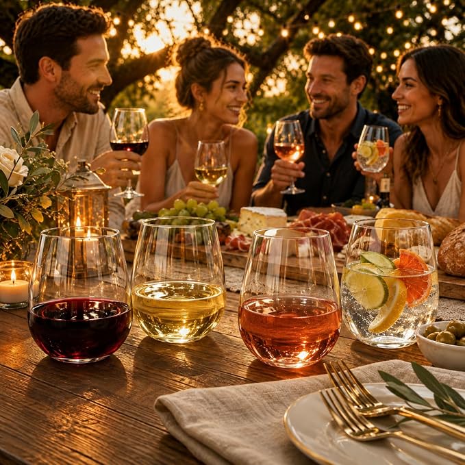 Khen Unbreakable Stemless Acrylic Plastic Drinkware Glasses, Shatterproof 100% Tritan Glasses | 4 Set | 15oz Wine Glassware, Dishwasher-Safe, BPA-free - Indoor & Outdoor, Clear Color