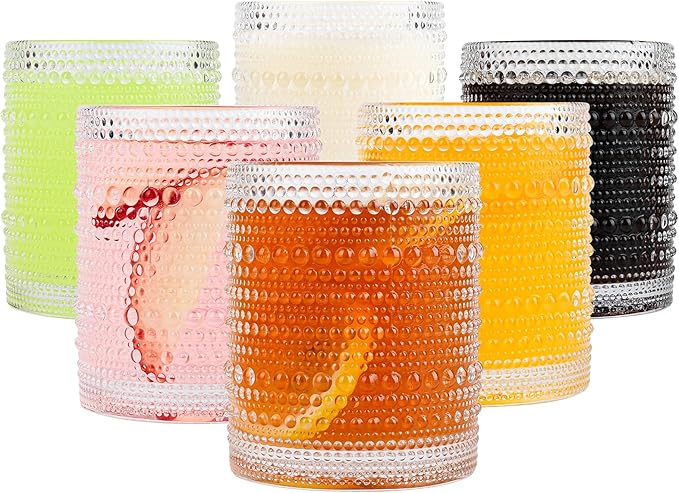 ZMOWIPDL Drinking Glasses Set of 6,12oz Clear Hobnail Glass Cups | Vintage Glassware，Embossed Water Tumbler,for Beer,Cocktail,Whiskey,Juice and Various Mixed Drinks- 1 Cleaning Brush