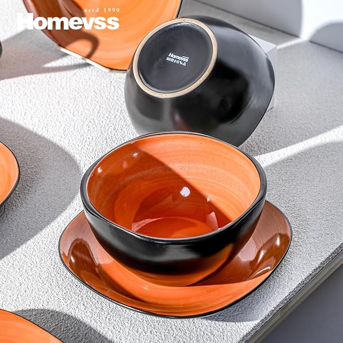 Stoneware Square 16pc Dinnerware Set, Inside Spinwash Swirl Orange + Outside Black