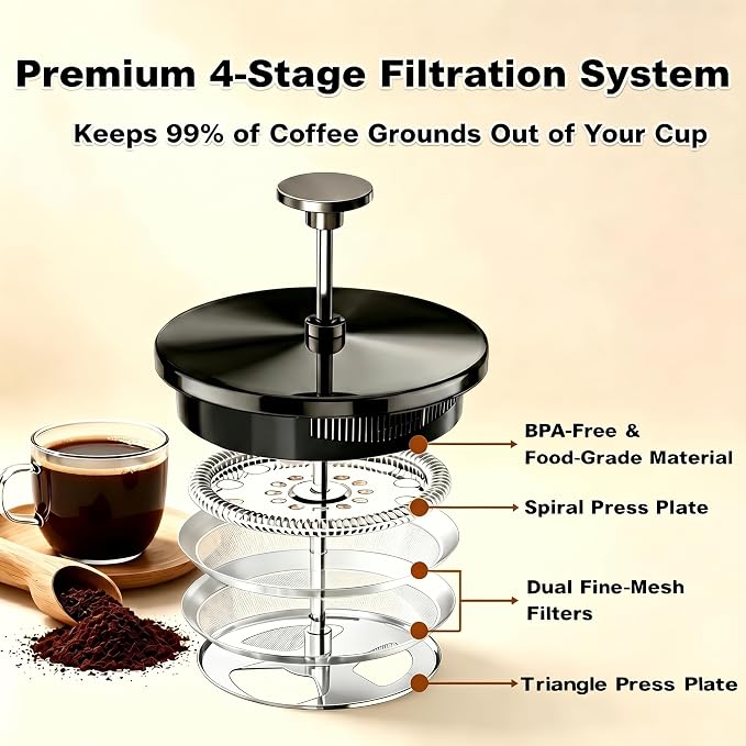 QUQIYSO French Press 51oz,Large French Press Thickened Glass Coffee Press | French Press Stainless Steel,Large Capacity Coffee Maker,Easy to Clean,4 Filter,Suitable for Party Home Office(Dark Pewter)