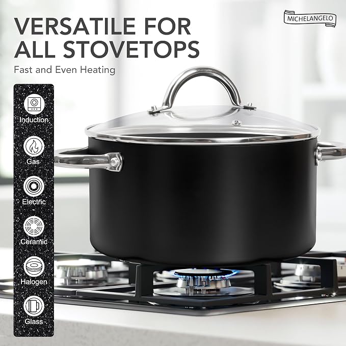 MICHELANGELO Stock Pot with Lid, Nonstick Cooking Pot, 6 Quart Soup Pot with Lid, Non Stick Pots with Stainless Steel Handle, Induction Compatible, Black
