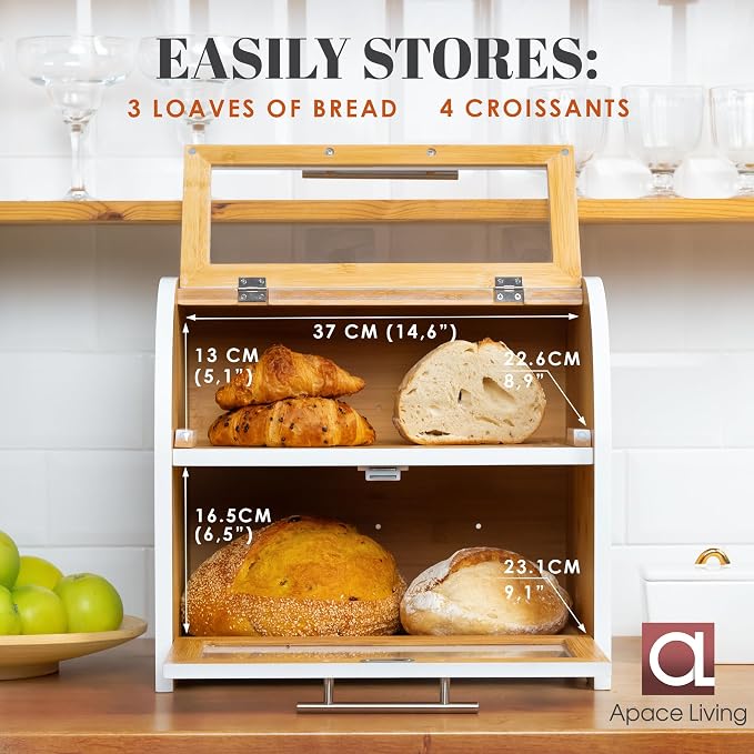 Arise Stylish Bamboo Bread Box for Kitchen Countertop, Extra Large 2-Shelf Wooden Bread Storage Container with Clear Windows and Air Vents Keep Bread, Bagels and Rolls Fresh, Self Assembly | Bread Storage Container with Clear Windows & Air Vents, Bread...