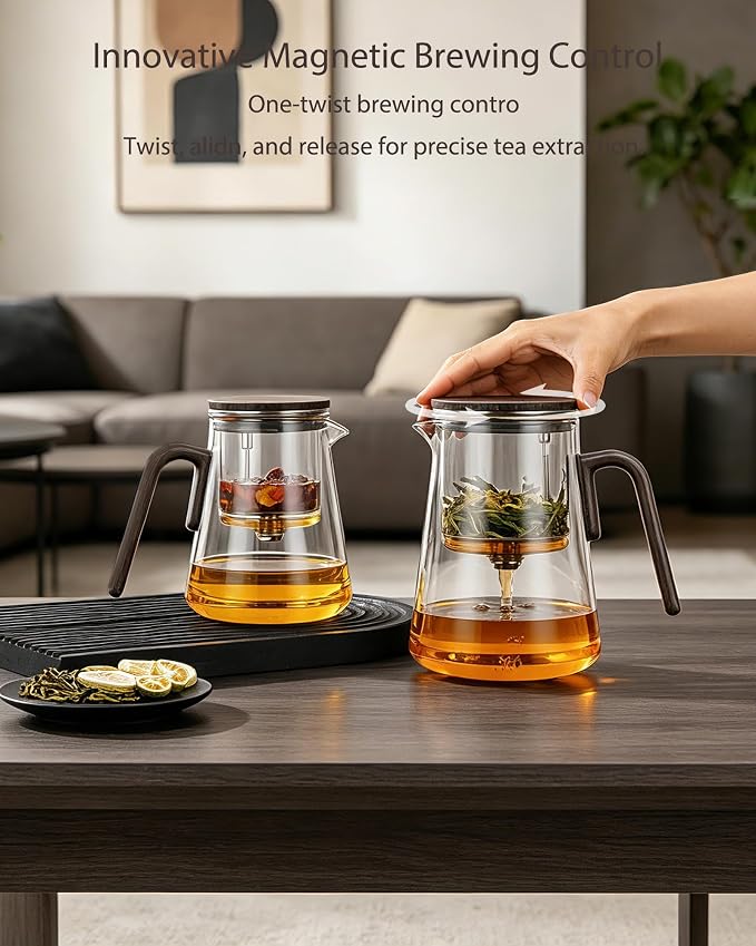 ZENS Magic Teapot with Infuser and Magnetic Lid for Loose Tea Maker, 34oz | Glass Magnetic Teapot, Echanted Tea Pot with Infusers for Loose Tea Steeper, Tea Lovers Gift, Black Walnut Pattern
