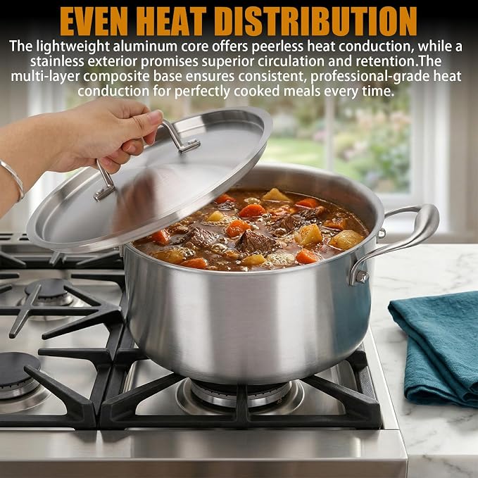 6 Quart 5-Ply Clad Stainless Steel Stock Pot With Lid Fast Heat Conduction | 5ply Stainless Steel Pot Fully Clad Compatible with All Cooktops for Family Meals & Batch Cooking