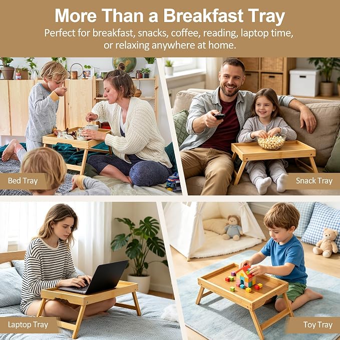 Bamboo Breakfast Trays with Folding Legs, 3 Pack, Large, Natural | 3 large natural bamboo breakfast trays with folding legs, raised edges and side grips for meals, laptops, snacks and serving.