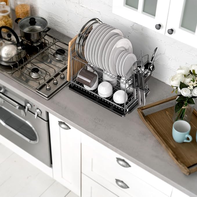 Simple Houseware 2-Tier Dish Rack with Drainboard, Silver