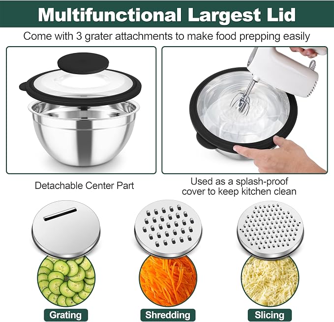 TeamFar Mixing Bowls, Stainless Steel Salad Serving Bowl with Clear Lids | with 3 Graters, For Kitchen Cooking Prepping Storing, Size 4.6/2.6/1.5/1/0.7 QT, Nesting & Airtight, Set of 5 & Black