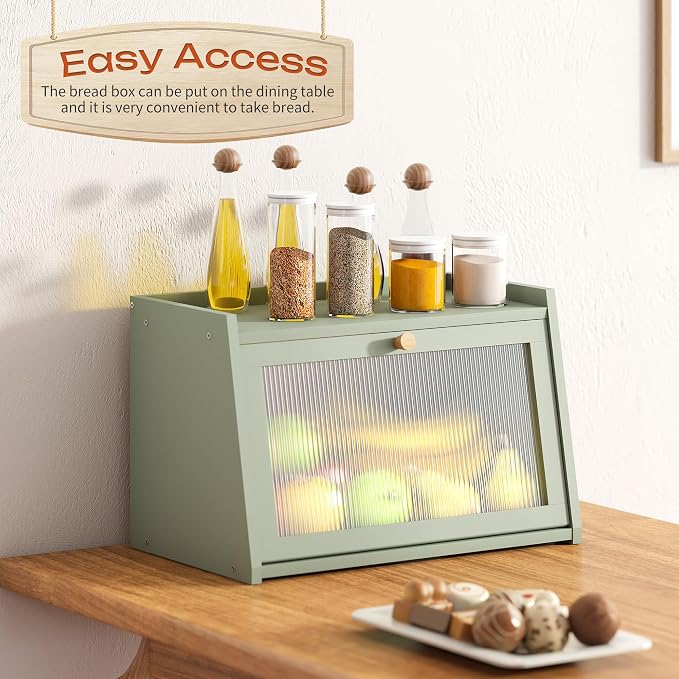 GHWIE Large Bread Box, Easy Access & Cleaning - Bamboo Bread Box for Kitchen Countertop with Acrylic Door (Green, Medium)