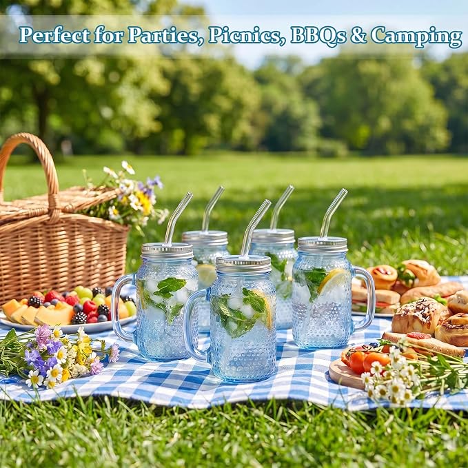 DaYammi 6 Pack 24oz Hobnail Mason Jars Cups Drinking Glass Cups with Lids & Straws, Blue Wide Mouth Mason Jars Cups with Handle, Tumblers for Coffee Smoothies, Iced Tea, Juice, Beer, Cocktail, Whiskey
