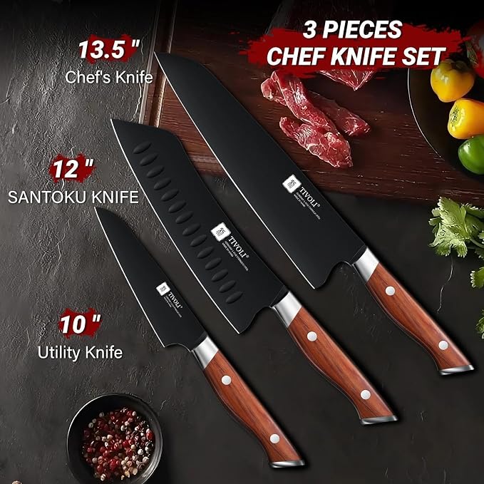 TIVOLI 3 PCS Santoku Knife Set - Chef Knife Set with Ergonomic Wood Handle | German High Carbon Stainless Steel, Full Tang Ergonomic Wood Handle, Gift Box, Stain Resistant & Easy to Clean, for Cooking