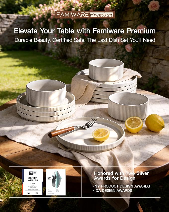 Ceramic Dinnerware Sets for 4, 8-Piece Flat Dinner Plates and Salad Plates | Famiware Premium Stoneware Dishes, Chip & Scratch Resistant, Microwave & Dishwasher Safe, Everyday & Serving Use, Matte White