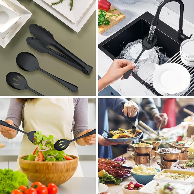 17PCS Serving Spoons and Utensils Set, Stainless Steel Serveware Black | Serving Spoons,Slotted Spoons,Forks,metal and silicone-tip tongs,Cake Server,Ladle,Skimmer for Buffet, Catering, Party