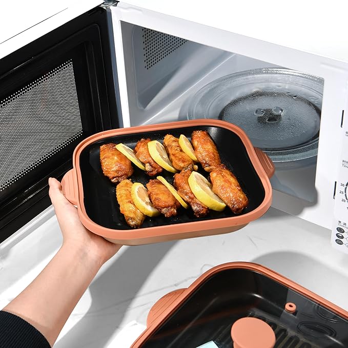 Microwave Grill Pan with Cover | Microwave Bacon Cooker | Griller & Crisper Pan for Grilling, Frying, Browning and Crisping | Microwave Cookware for Grill Meat | Dishwasher Safe for Dorms,Office,RV