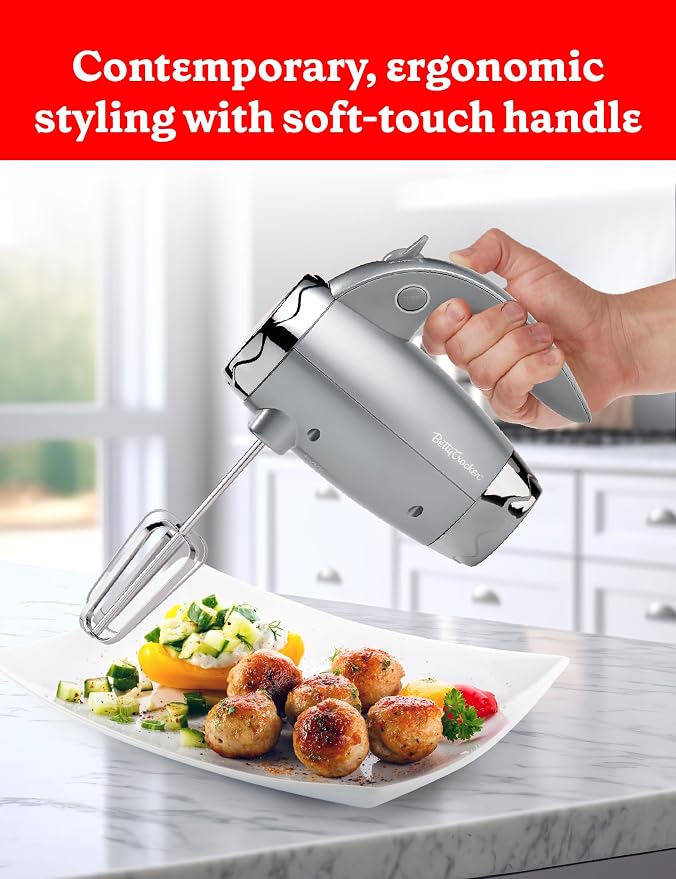 Betty Crocker 7-Speed Power-Up™ Hand Mixer with Stand, BC-4208S, Silver | 300 Watt Electric Mixer with Beaters and Dough Hooks, Ergonomic Electric Hand Blender for Home & Kitchen with Stand