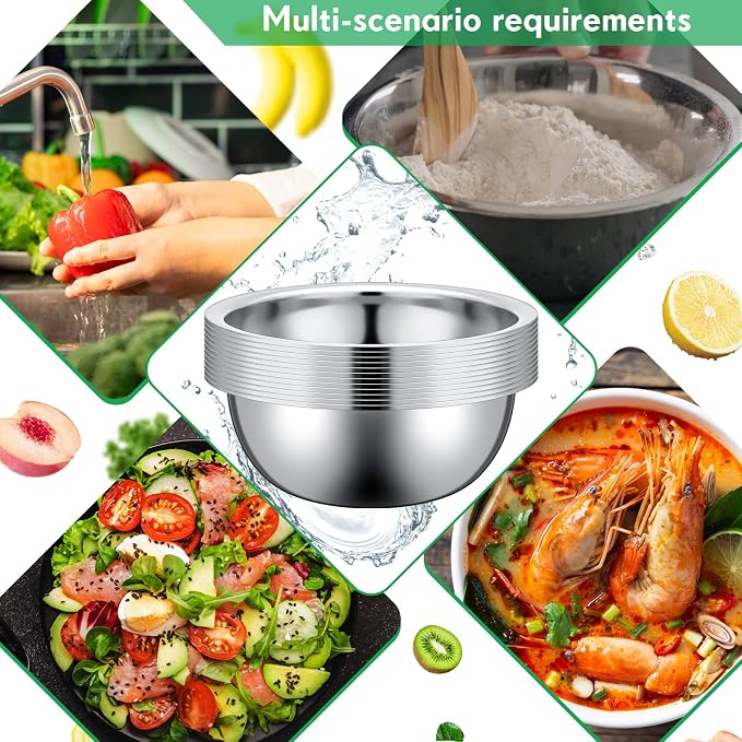 Pinkunn 12 Pcs Stainless Steel Mixing Bowls, Nesting Metal Salad Prep Bowls Bulk Reusable Baking Food Container Large Medium Small for Kitchen Hotel Restaurant Cooking, Silver (11.8 x 3.74 Inch)