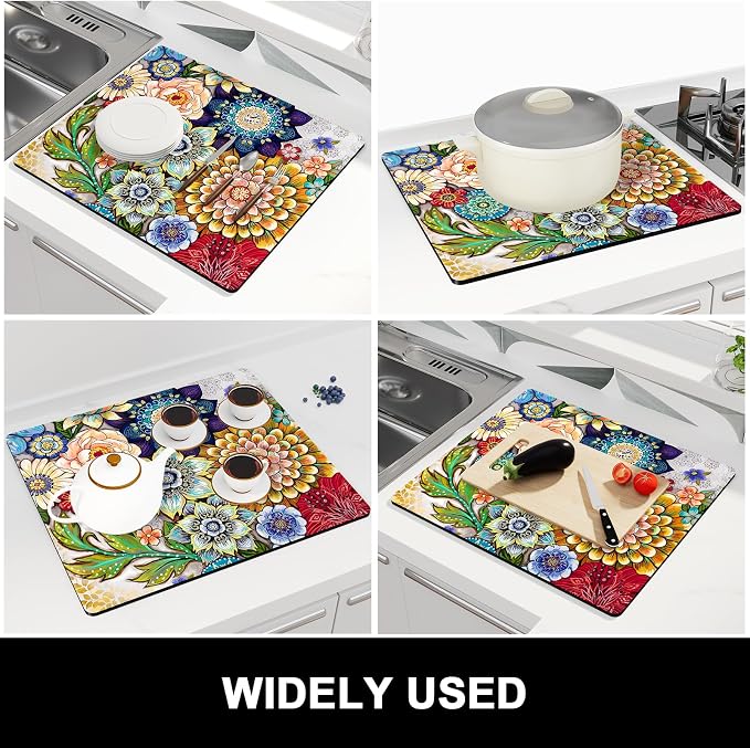 Rnivvi Dish Drying Mat for Kitchen Counter, 16 x 18" Cute Flower Theme Absorbent Heat Resistant Drying Pad with Non-slip Rubber, Coffee Bar Mats for Coffee Machine Dish Rack, Mandala Floral