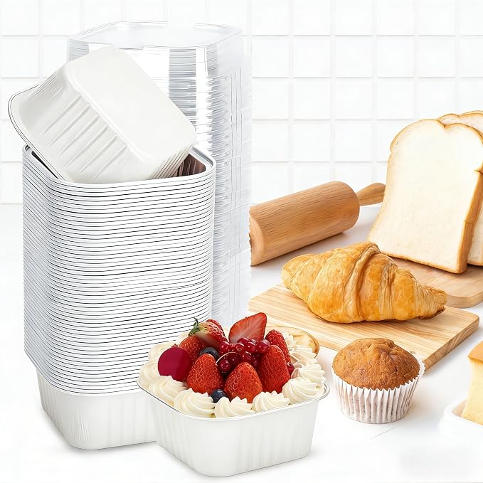 60Pack 5oz White Mini Cake Pans with Lids Baking Cups Aluminum Foil Pans Tins, Individual Dessert Cups Containers for Sales,Party,Picnics
