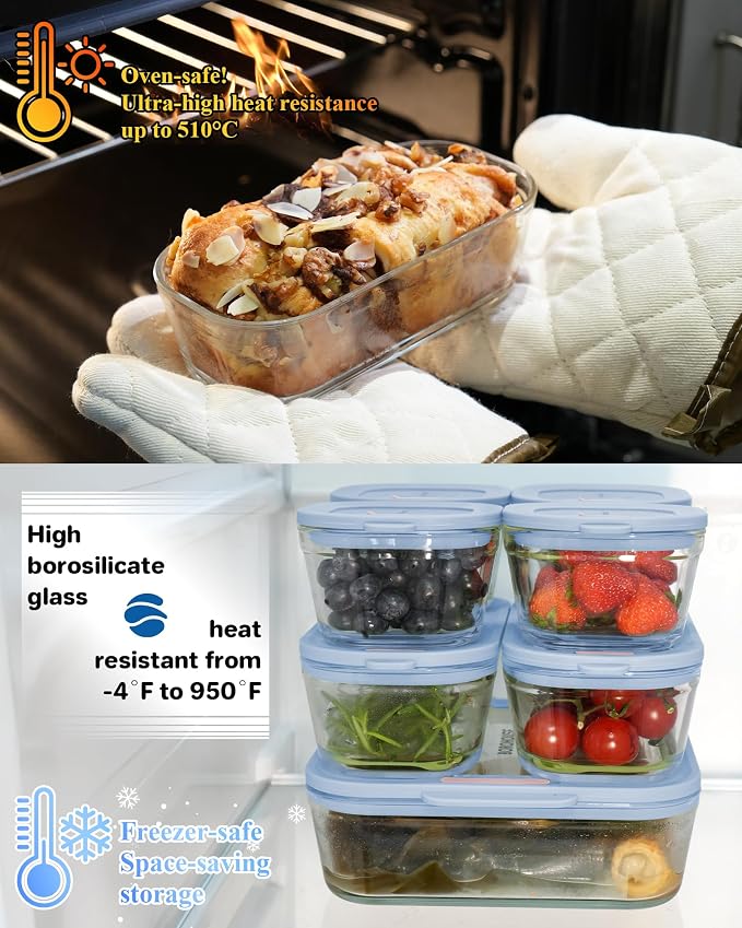 7-Pack Glass Food Storage Containers with Tempered Lids – Borosilicate, Airtight, Oven-Safe (-4°F~950°F), BPA-Free, 1Cup*4 & 2.3Cup*2 & 5.7Cup*1(Light blue)