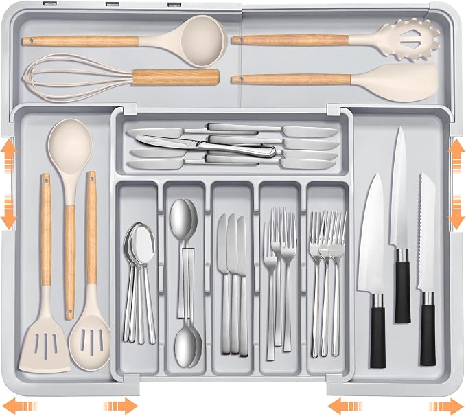 Silverware Organizer Expandable Kitchen Drawer Organizer Adjustable 22"x 19" Utensil Organizer with Rubber Feets Cutlery Drawer Organizer for Spoons Forks Knives Kitchen Organizers and Storage Grey