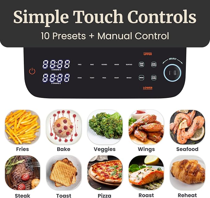 Elite Gourmet EAF6535 Dual Stacked Air Fryer, 10.5Qt, 1700W, Black | Family Size - PFAS-Free Dishwasher-Safe Nonstick Baskets - Sync Cook & Finish - 10 Presets
