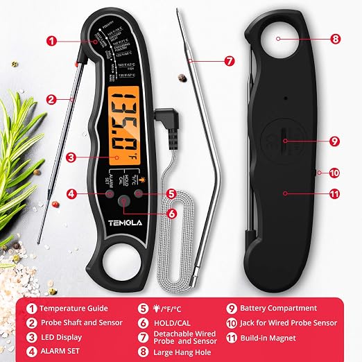 Meat Thermometer, Instant Read Food Thermometer for Cooking, Digital Food Thermometer with LCD Backlight for Candy Fry Grill BBQ Liquids, Kitchen Oven Safe Dual Probe 2 in 1 Thermometer | Digital LCD Backlight for Candy Fry Grill BBQ Liquids, Kitchen O...