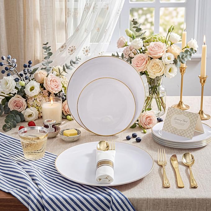 KIRE 175PCS Gold Plates Disposable - Heavy Duty White and Gold Plastic Plates Dinnerware Sets - 25 for Dinner 25 for Dessert 25 Pre Rolled Napkins and 25 Cups for Birthday/Wedding/Party