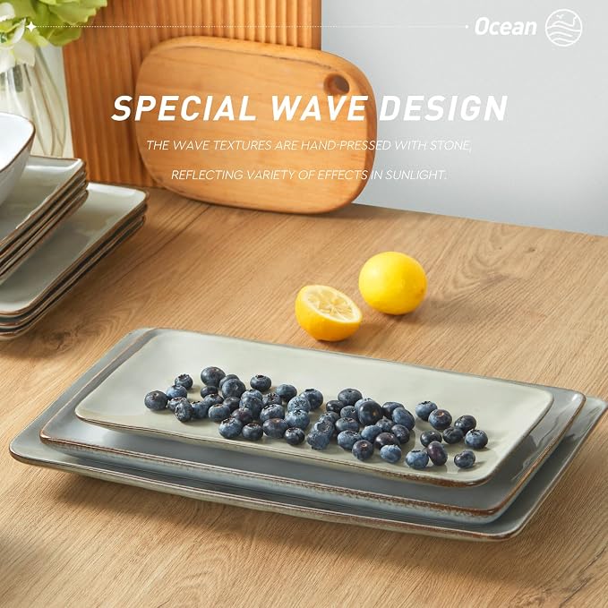 Famiware Serving Platters Set of 3 Sizes - Rectangular, Grey | 15.67"/14.1"/12.6" Fine Stoneware Serving Trays for Party, Entertaining for Food, Turkey, Cheese, Microwave Dishwasher Safe