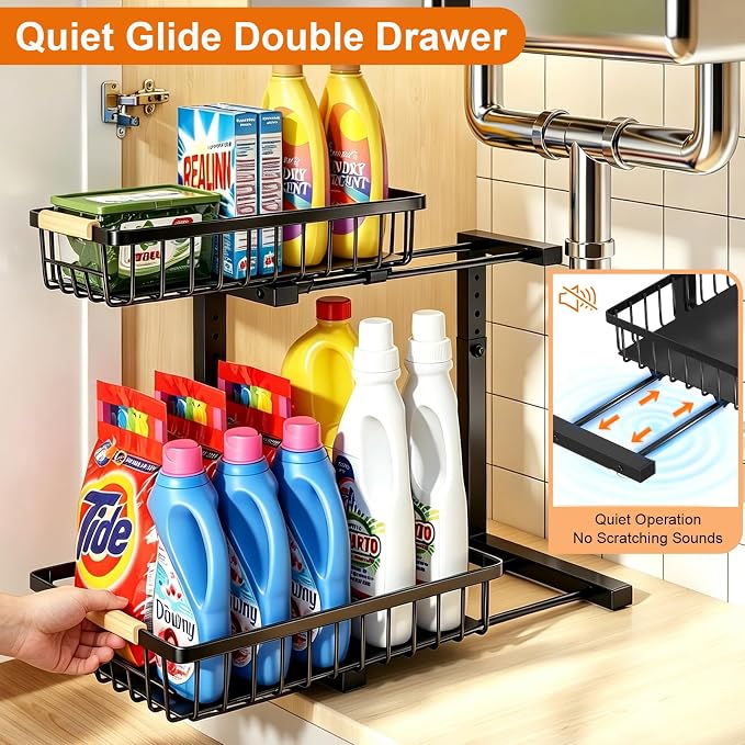 Under Sink Organizer, 2 Pack Height Adjustable Under Sink Organizers and Storage, 2 Tier Pull Out Drawer Cabinet Storage for Kitchen Bathroom