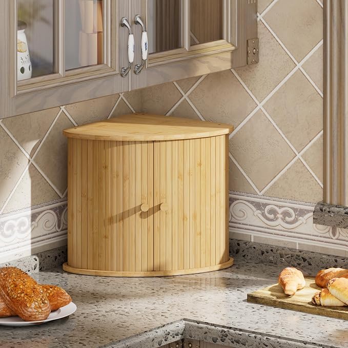 Corner Bread Box for Kitchen Countertop, Solid Bamboo Wood Bread Box, Two Layer Wooden Bread Storage Capacity