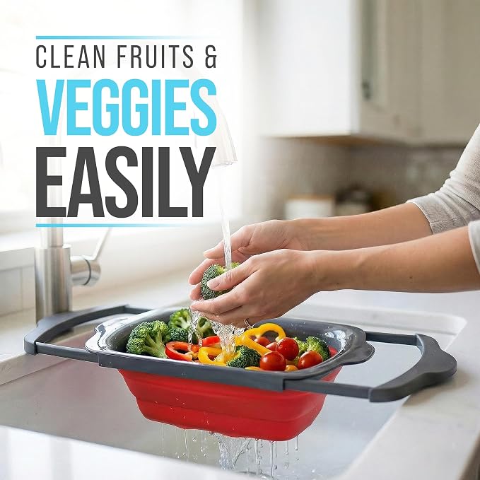 Comfify XL Large Kitchen Strainer - Collapsible Silicone Over-The-Sink Colander with Extendable Handles - Use with Pasta, Fruit, Berries & Veggie - 6 Quart - Red | Red silicone colander; 17.1 x 10.1 in; folds to 1.4 in; 6 Qt; handles extend 25 in; heat...