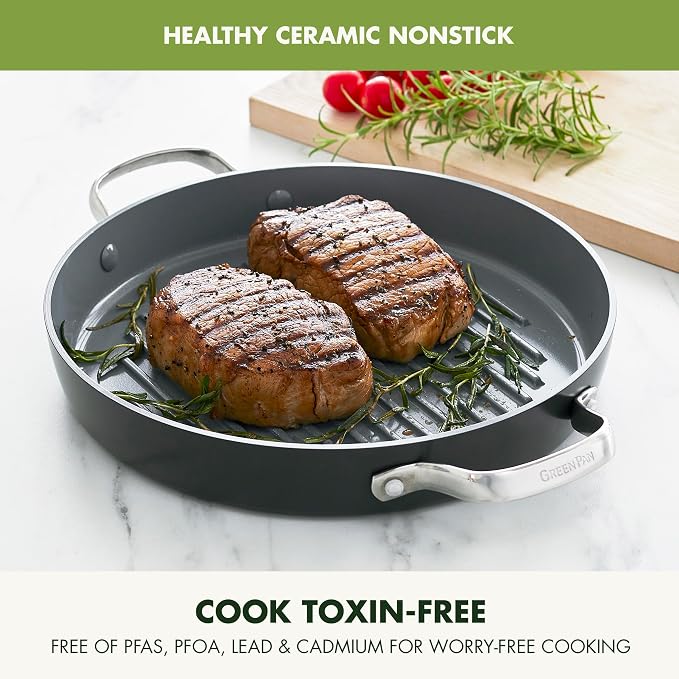 GreenPan Valencia Pro 11" Ceramic Nonstick Grill Pan, Hard Anodized | PFAS-Free Nonstick, Induction Ready, Compatible with all Stovetops, Hard Anodized, Gray, Dishwasher Safe, Oven Safe to 600F